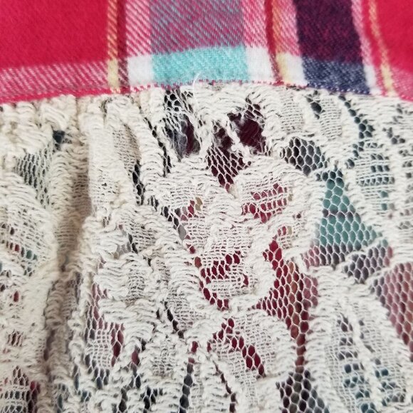 ALTAR'D State‎ Shirt Womens Medium Plaid Flannel Lace Oversized Roll Tab Sleeve - Picture 4 of 10